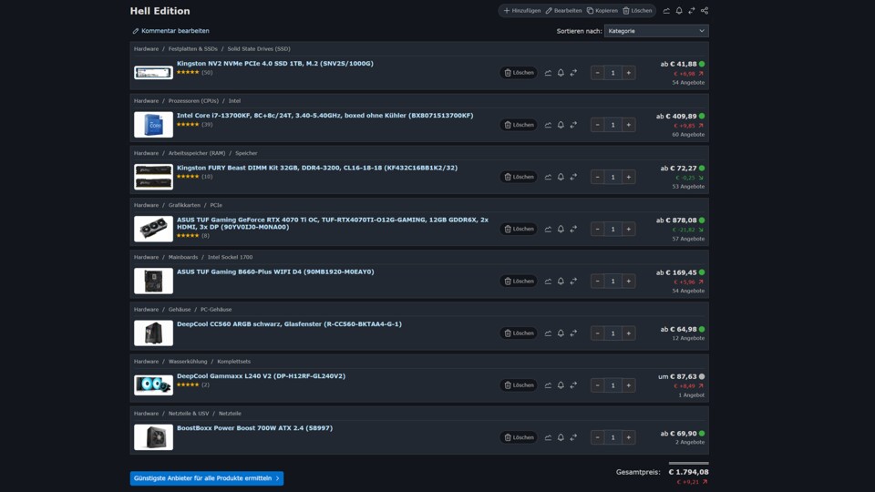 Auch hier sind wir genauso günstig geblieben. Drei Jahre Garantie, wie bei unseren PCs, sind bei Einzelteilen absolute Ausnahme. Bild Quelle: Geizhals.de Stand 19.07.