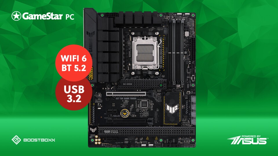 Das Mainboard ist ein ASUS TUF Gaming B650-PLUS WiFi. Es hat schnelles WiFi, zahlreiche USB-3-Schnittstellen und Kühlkörper an Systemkritischen Komponenten und den M.2-Steckplätzen.