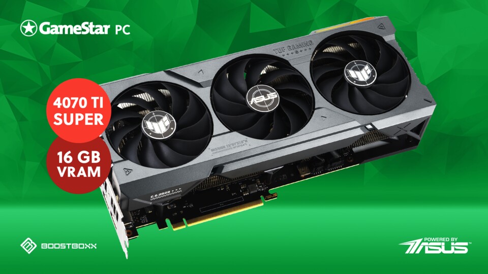 Die ASUS TUF Gaming GeForce RTX 4070 Ti Super mit 16 GB VRAM ist für die hervorragende Leistung verantwortlich.