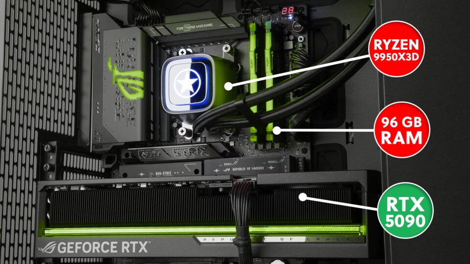 Unter der Wasserkühlung sorgt der Ryzen 9 9950X3D für beste Rechenleistung, während die RTX 5090 für feinsten Grafikgenuss sorgt. (Abb. beispielhaft)