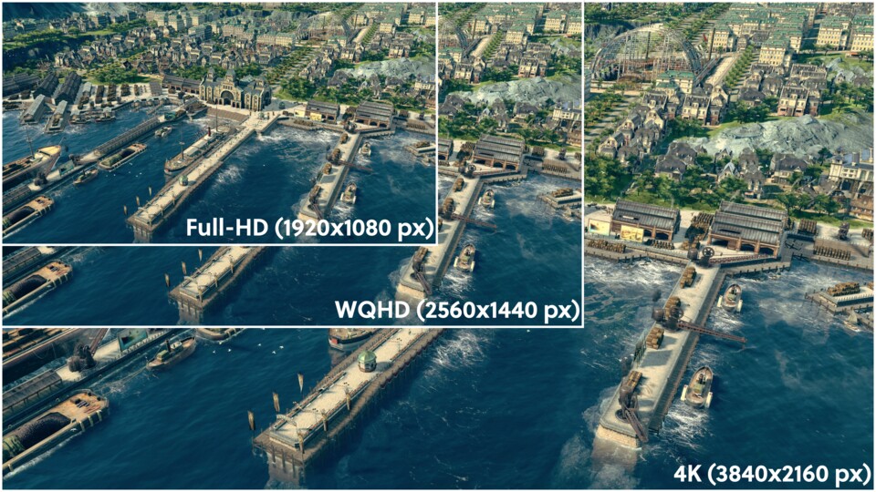 Eine höhere Auflösung heißt nicht größerer Bildausschnitt, sehr wohl aber mehr Schärfe und sichtbare Details.