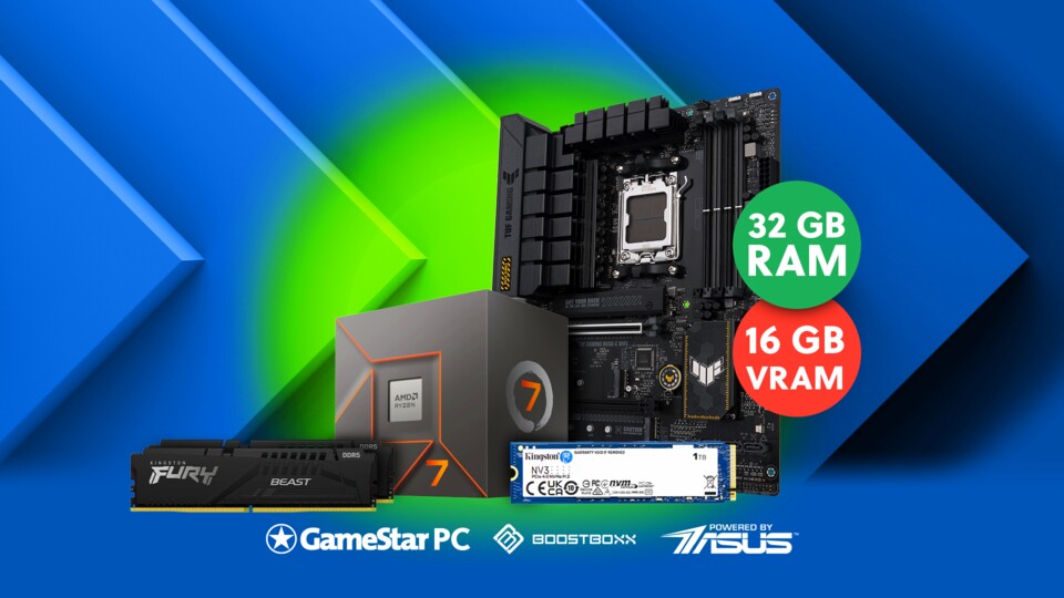 Qualität pur: Auf dem ASUS-Mainboard stecken schnelle Kingston-Speicher und ein starker AMD Ryzen 7-Achtkerner.
