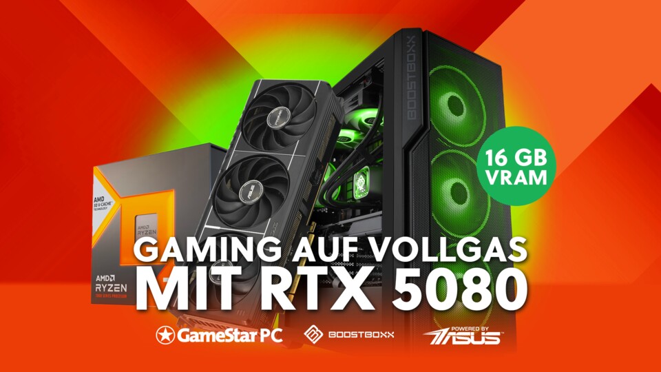 Purer 4K-Gaming-Genuss: mit sauschneller GeForce RTX 5080 16 GB und dem beliebten Ryzen 7 7800X3D.