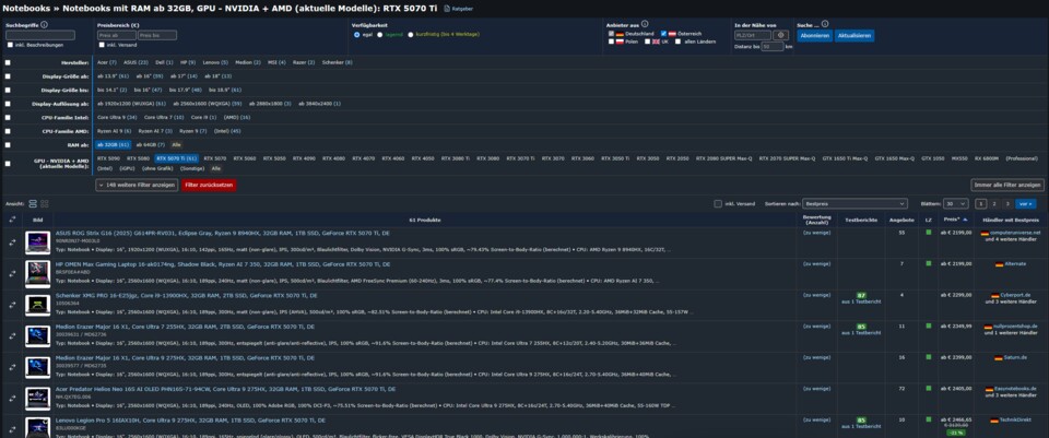 Die Konfiguration des XMG Pro 16 GameStar-Notebook Max 5070 Ti ist hier nicht aufgeführt, dafür aber die Basis-Konfiguration des XMG Pro 16. | Quelle: Geizhals.de 11.08.2025
