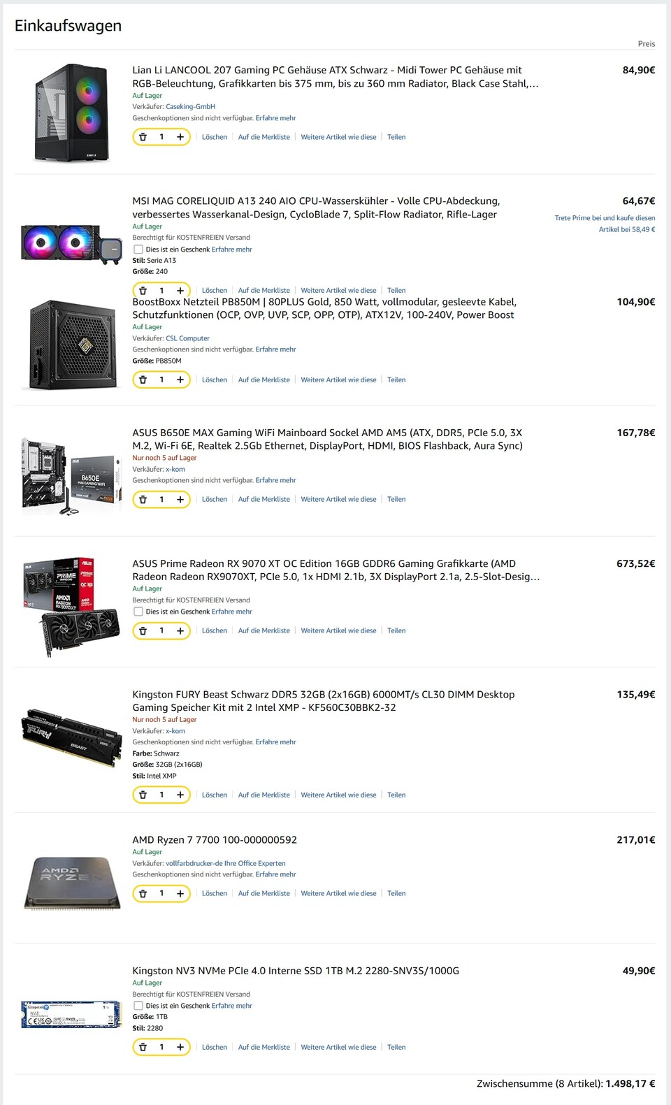 Die einzelnen Komponenten sind trotz des Prime Days kaum günstiger zu ergattern – Unser Gaming-PC gewinnt den Preisvergleich. (Quelle: Amazon 07.10.2025)