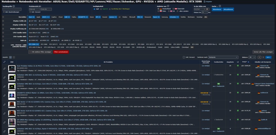 Ganze 300€ günstiger als vergleichbare Gaming-Laptops mit RTX 5090 (Quelle: Geizhals.de vom 26.03.2026 - 11:00 Uhr)