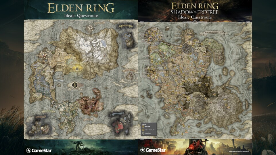 Auf dem XXL-Doppelposter (57,4 x 78,0 cm) findet ihr große Karten mit der idealen Questroute für Elden Ring und Shadow of the Erdtree.