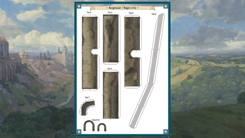 So sehen die Bögen aus: aus diesem Bogen wird die vordere Burgmauer gebaut. Ausschneiden, kleben, fertig!