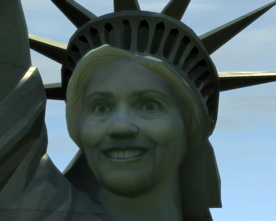 Komisch, seit wann grinst die Freiheitsstatue denn so breit? Weil es nicht die Freiheitsstatue ist, sondern das Wahrzeichen von Liberty City: die »Statue of Happiness«.