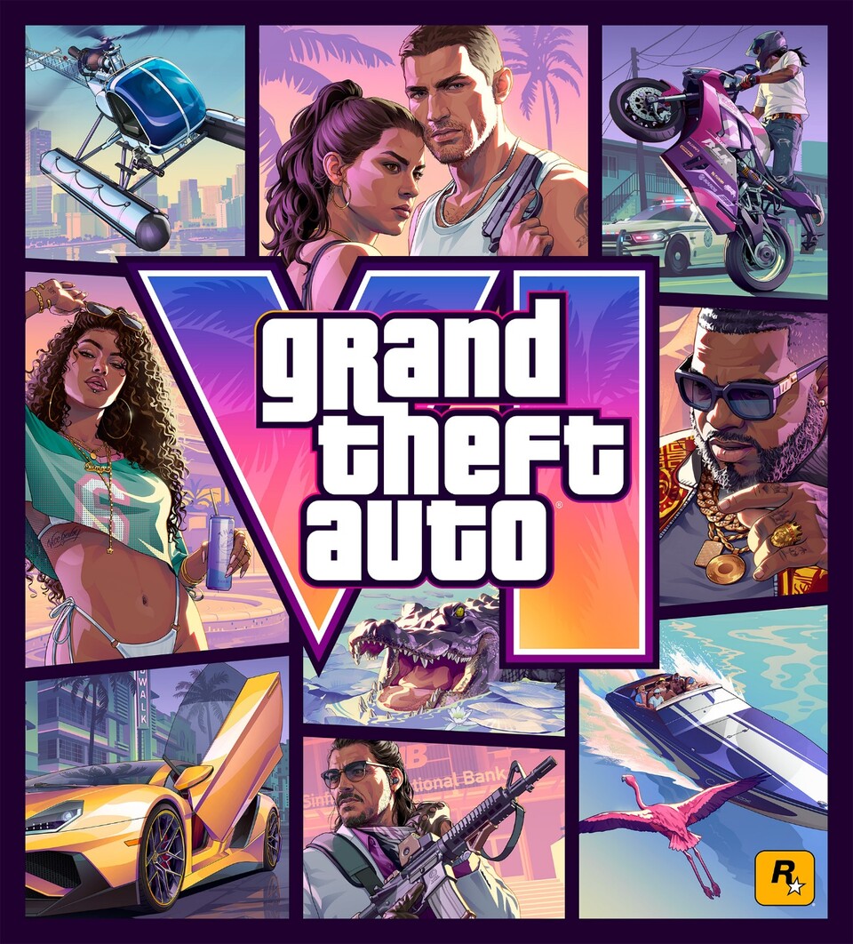 Das Cover Artwork zeigt die beiden Hauptfiguren Jason und Lucia von GTA 6 und jede Menge Vice-City-Flair.