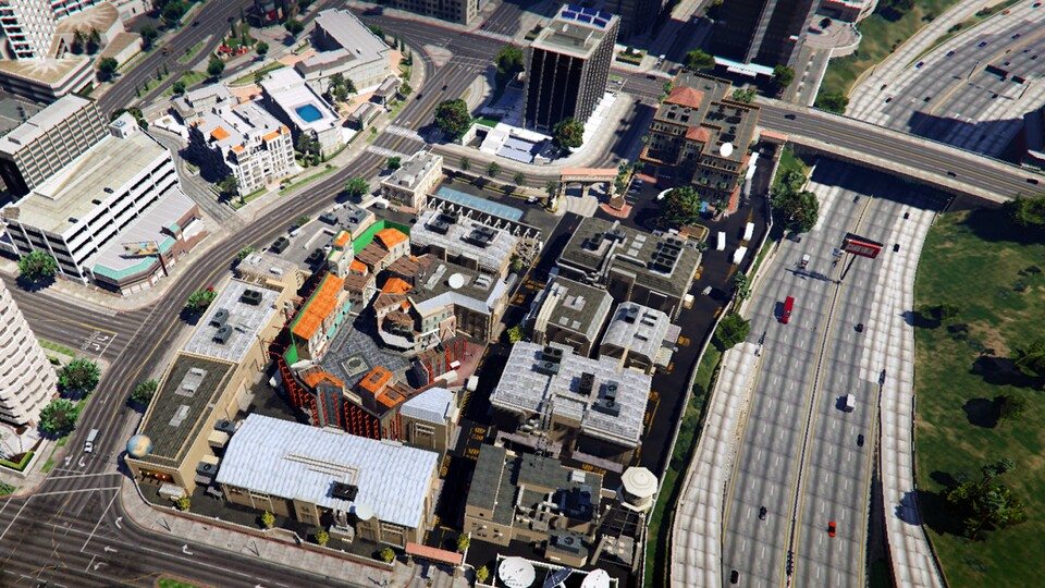 Die angeblichen Szenen aus GTA 6 zeigen eine urbane Landschaft, ähnlich wie diese (Bild aus GTA 5).