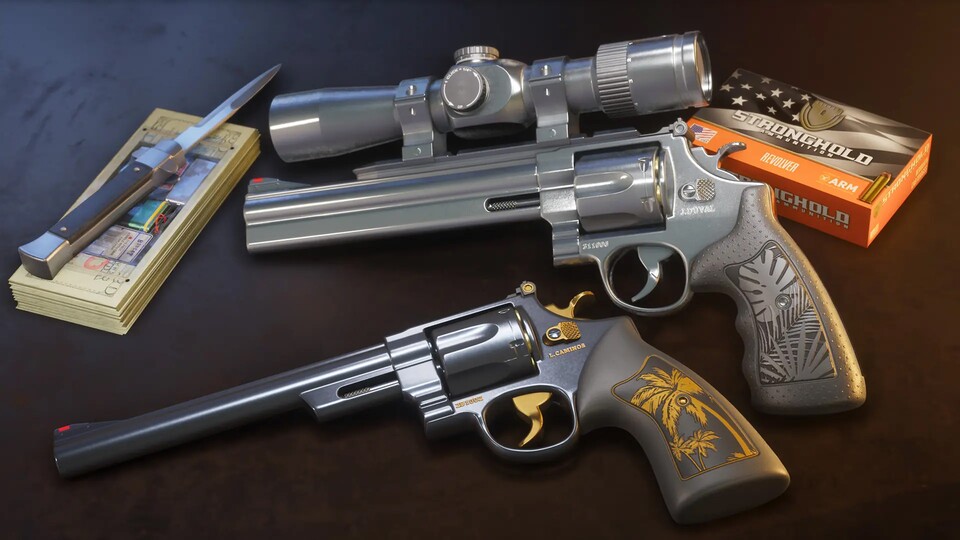 Hawk + Little Morgan besteht aus zwei personalisierten Revolver-Varianten für Jason und Lucia, inklusive Zielfernrohr, Gravuren und reichlich Vice-City-Flair.