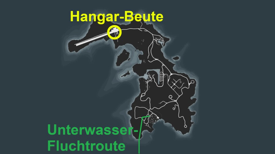 Wenn ihr euch erst einmal mit Cayo Perico vertraut gemacht habt, erledigt ihr den Heist im Schlaf. Der beste Zugang zur Villa ist der Abwasserkanal. Er befindet sich im Meer hinter der Villa. Also südöstlich vom Beginn der eingezeichneten Fluchtroute.