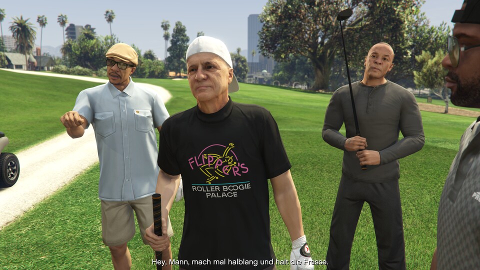 Der Auftrag für Dr. Dre (mit erhobenem Golfschläger rechts) ist einer der höchstbezahlten im Spiel.