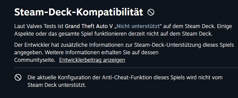 Auf Steam wird seit dem letzten Update diese Meldung zum Steam Deck angezeigt.