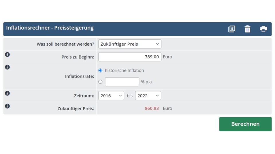 Historische Inflation in Deutschland laut finanz-tools.de.