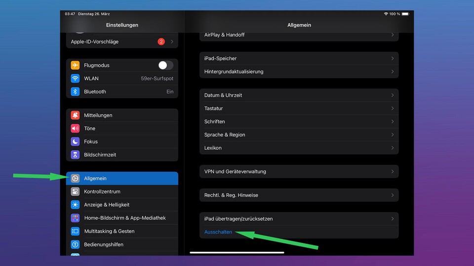 Umständlich, aber auch eine Option, falls ihr vielleicht aus diversen Gründen nicht eure Hardwaretasten verwenden wollt: das iPad im Einstellungsmenü ausschalten.