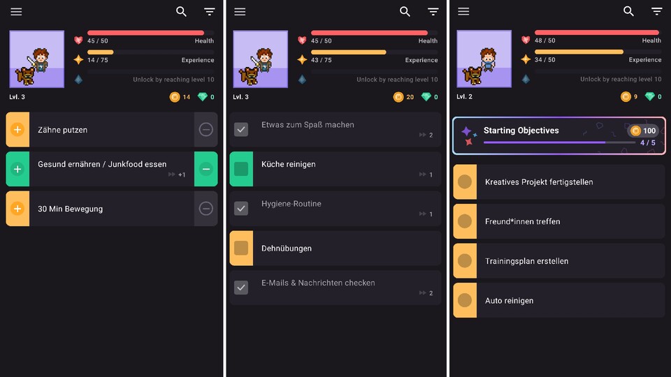 In der Gamification-App Habitica, gibt es verschiedene Aufgabentypen. (Bildquelle: Screenshot Habitica Aaron Hofmann)