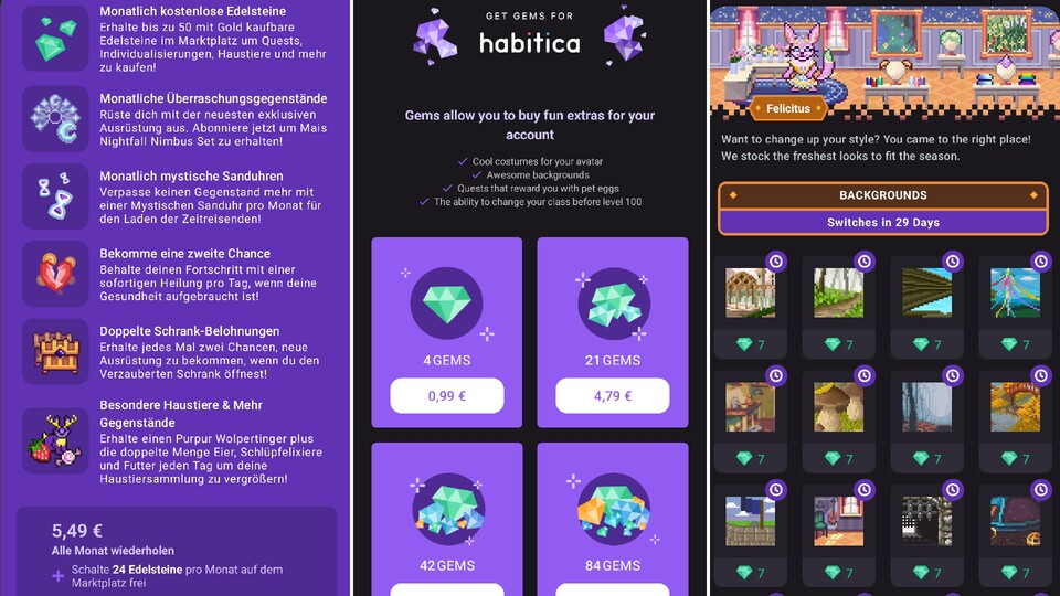 Neben zahlreichen kostenlosen Features, gibt es in Habitica auch einige Bezahlfunktionen. (Bildquelle: Screenshot Habitica Aaron Hofmann)