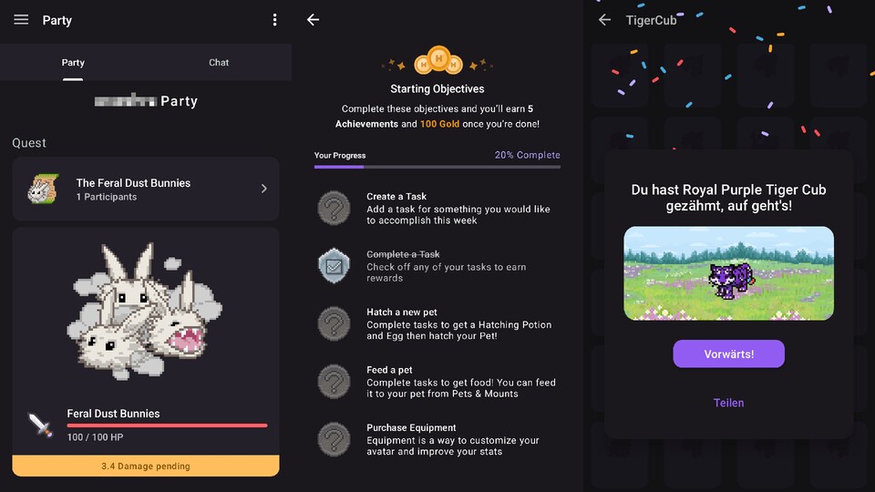 Mit Bosskämpfen, Achivements und Haustieren, hat Habitica viel Abwechslung zu bieten. (Bildquelle: Screenshot Habitica Aaron Hofmann)