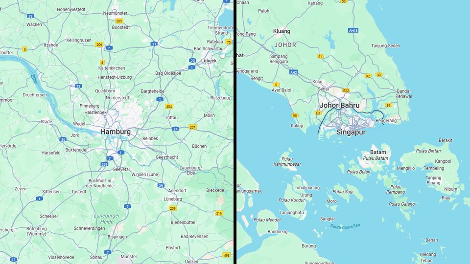 Mit Blick auf die Fläche kommt Singapur ungefähr auf die Größe von Hamburg.