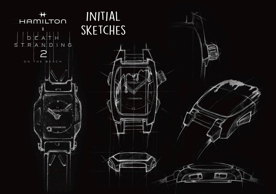 Eine Konzeptzeichnung der Uhr aus der Feder der Designer bei Hamilton in Zusammenarbeit mit dem Art Director von Death Stranding 2.