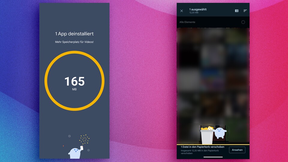 Für jede gelöschte App und jede in den Papierkorb verschobene Datei belohnt euch Google mit einer knuffigen Animation.