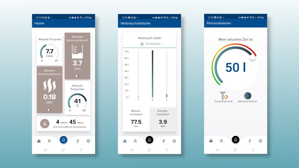 Live-Anzeige (links), Historie (mittig) und Duschkopf-Personalisierung (rechts)