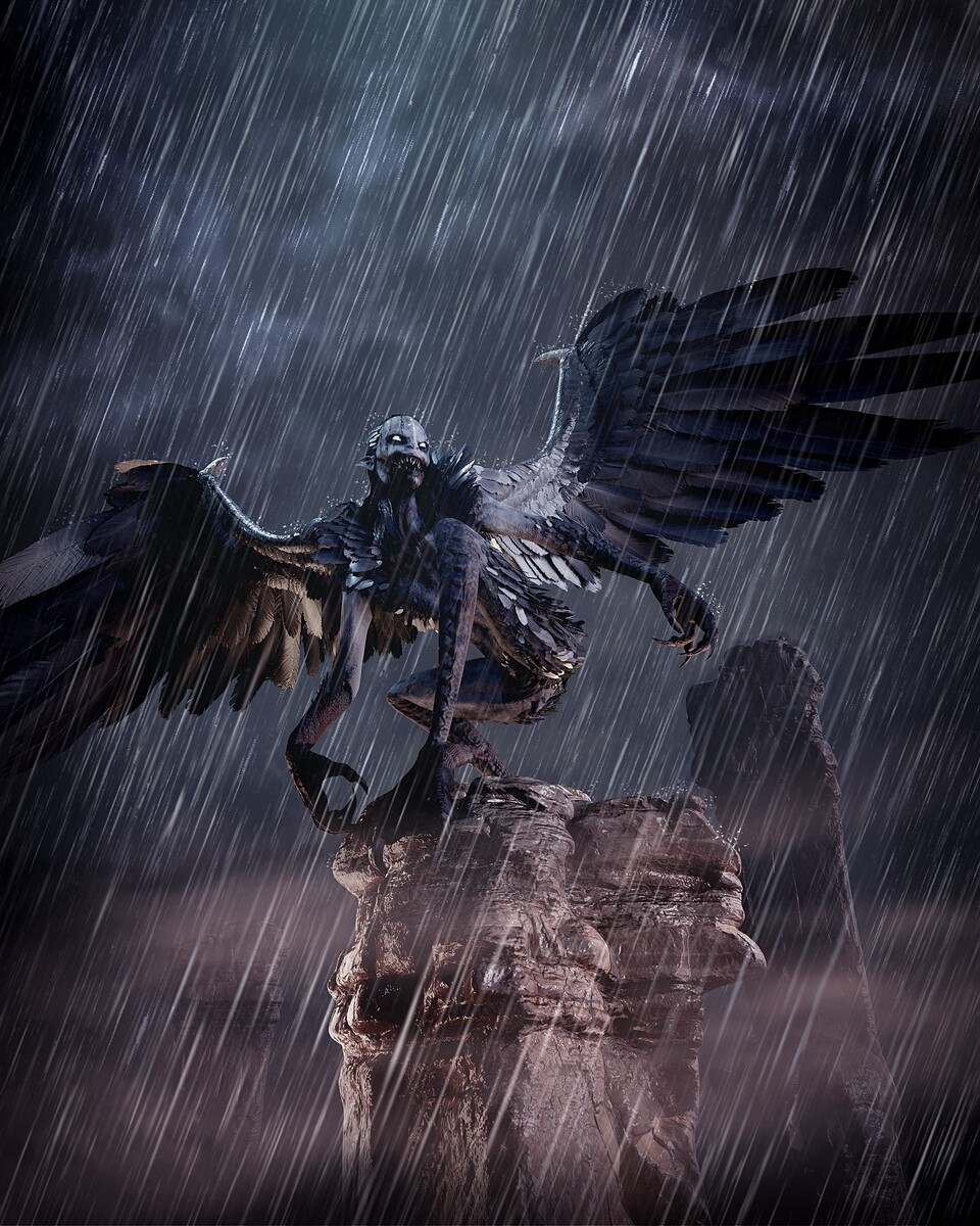 Die Harpyie ist ziemlich furchteinflößend, wozu natürlich auch Nacht und Regen beitragen.