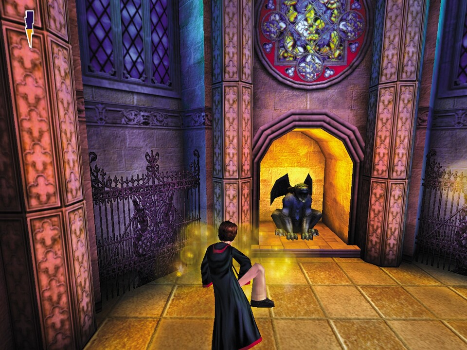 Agil wie Lara klettert Harry an Vorsprüngen oder (wie hier) magischen Stufen herum.