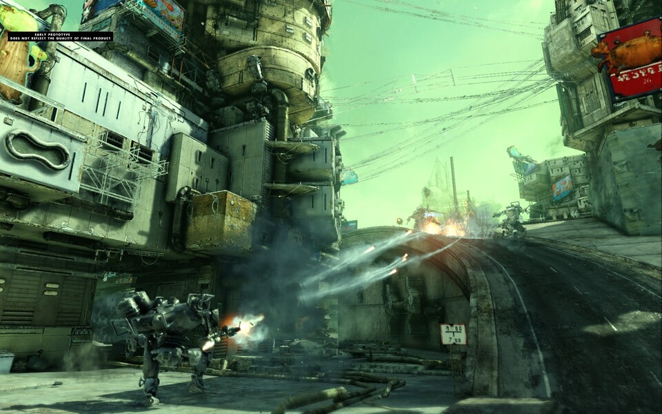 Die Mech-Schlachten von Hawken werden in futuristischen Städten ausgetragen.