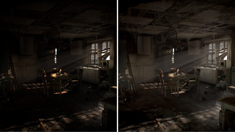 Aktivieren wir High Dynamic Range in Resident Evil 7 (links), wirkt das Bild im Vergleich zu SDR deutlich dunkler, aber auch realistischer.