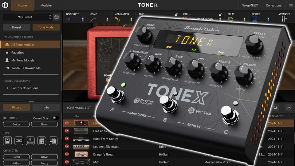 Gut viermal so klein: Der AmpliTube TONEX ist eine starke Alternative mit ähnlichen Funktionen, aber ohne Touchscreen.