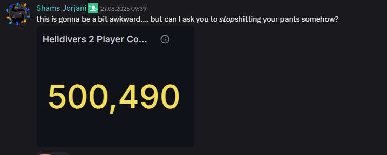 Auf Discord postet der Arrowhead-CEO die Zahl der gleichzeitigen Spielerinnen und Spieler.