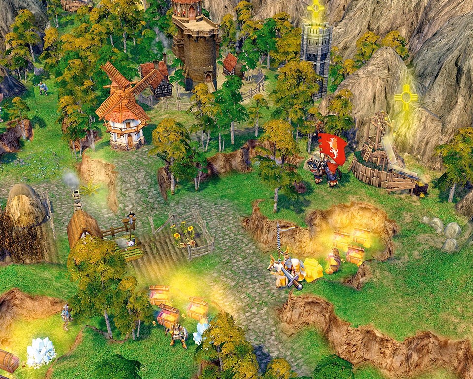 Auch in 3D-Grafik sind die Karten in Heroes-Tradition vollgestopft mit Gebäuden, Schätzen und Monstern. Im Hintergrund ragt eine Ritter-Zitadelle, rechts reitet ein Held (rote Fahne).