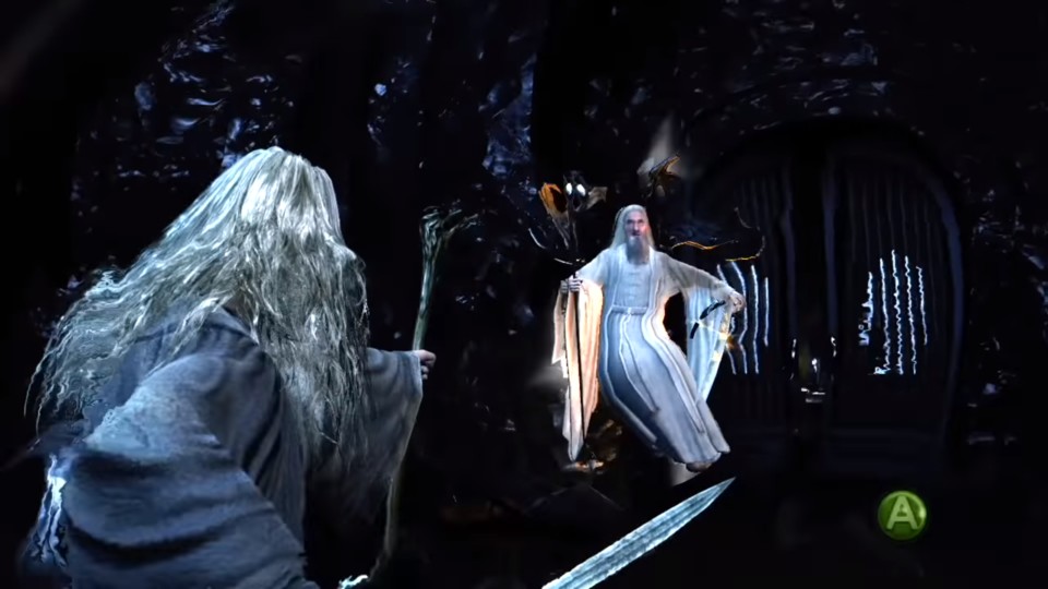 Das Video zeigt ein Level, in dem der Spieler als Gandalf im Orthanc mit Saruman kämpft.