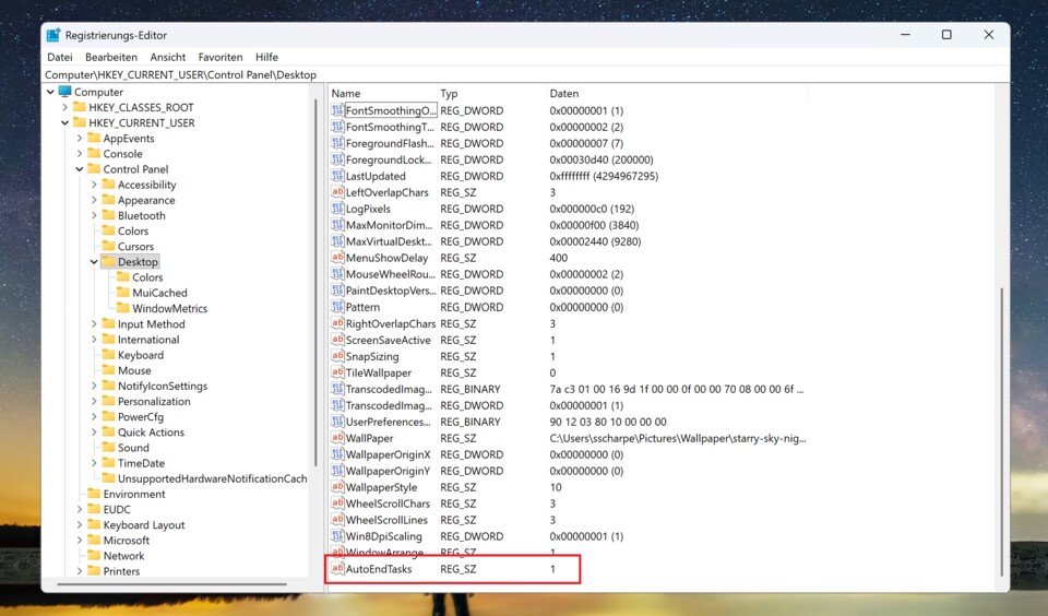 Falls der Eintrag AutoEndTasks nicht vorhanden ist, müsst ihr ihn selbst anlegen. (Quelle: GameStar Tech Sven Scharpe)