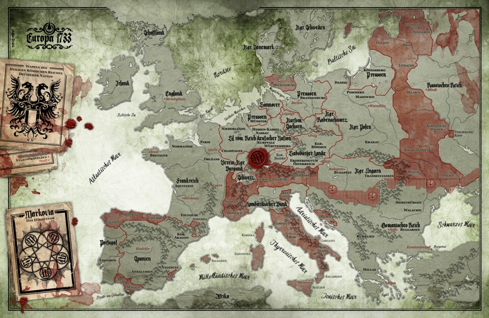Diese Karte zeigt Europa im Jahr 1733 in der Welt von Hexxen.