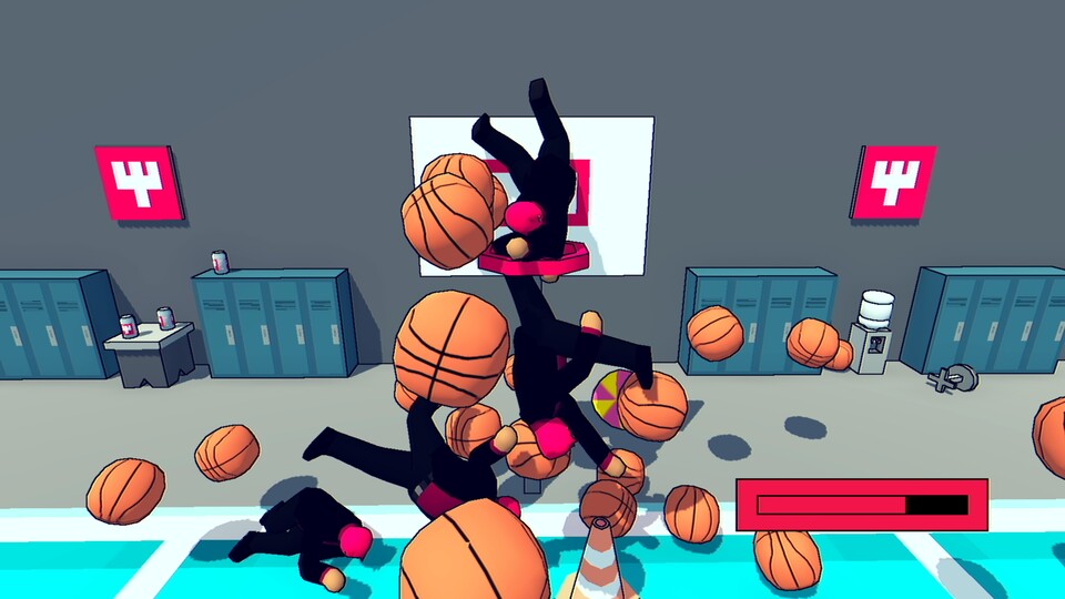 Die interaktiven Ladescreens sind an Absurdität kaum zu übertreffen. Hier werfen wir leblose Körper in einen Basketballkorb.