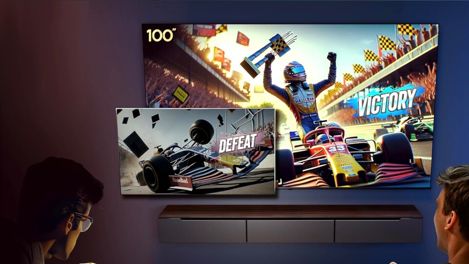Im Vergleich mit einem 55-Zöller – der in Deutschland gängigsten Größe für 4K-TVs – fällt auf, wie groß der Hisense E7NQ in 100 Zoll wirklich ist.