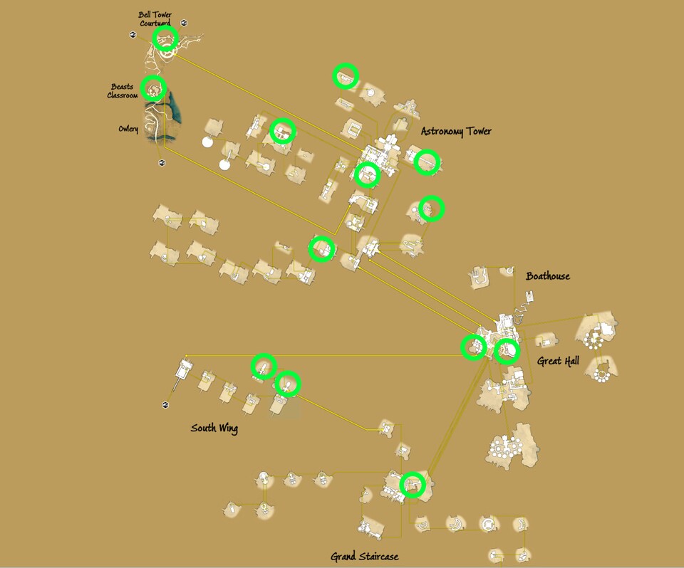 Alle 10 Demiguise-Monde im Schloss Hogwarts haben wir auf der Karten grün markiert. Nachfolgend beschreiben wir die Fundorte etwas genauer, damit ihr sie schnell finden könnt. Bild: Die Karte wurde mithilfe von mapgenie.io erstellt.