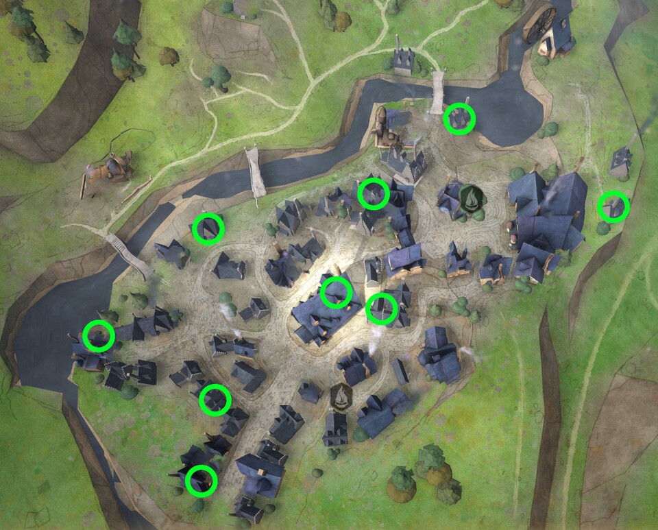 Alle 9 Demiguise-Monde in Hogsmeade haben wir auf der Karten grün markiert. Nachfolgend beschreiben wir die Fundorte etwas genauer, damit ihr sie schnell finden könnt. Bild: Die Karte wurde mithilfe von mapgenie.io erstellt.