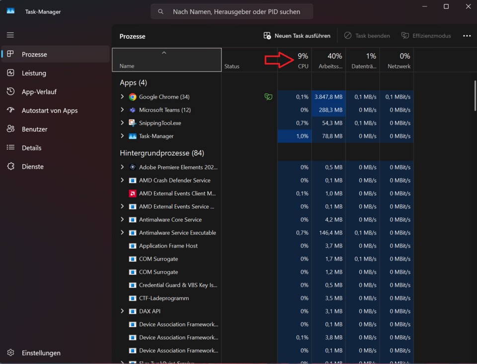 Im Windows Task-Manager könnt ihr unter anderem sehen, wie hoch die aktuelle CPU-Auslastung ist.