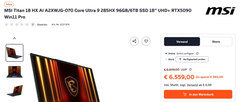 Das MSI Titan gibt es gerade im Angebot für 6.559 Euro, dafür gibt es immerhin üppige 96-GB-RAM. (Quelle: Cyberport)