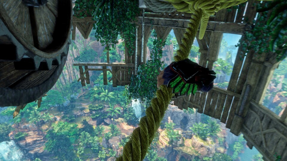 Schwingt euch in Horizon: Call of the Mountain durch atemberaubend schöne Spielwelten. Mit der PS VR2 bekommt man schon fast Höhenangst.