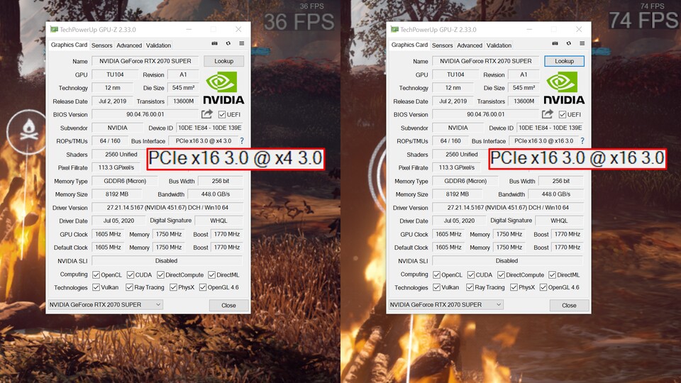 Links erreichen wir bei nur vier PCI-Express-Lanes mit einer RTX 2070 Super in Full HD etwa 36 fps, rechts sind es mit den eigentlich zu erwartenden 16 Lanes deutlich höhere 74 fps.