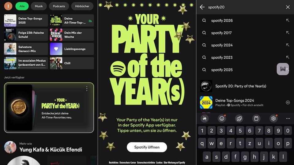 Einige Möglichkeiten, wie ihr den Rückblick aufrufen könnt: links mit dem Widget, mittig über die Website, rechts über die Suchfunktion. (Bildquelle: Screenshot Spotify)
