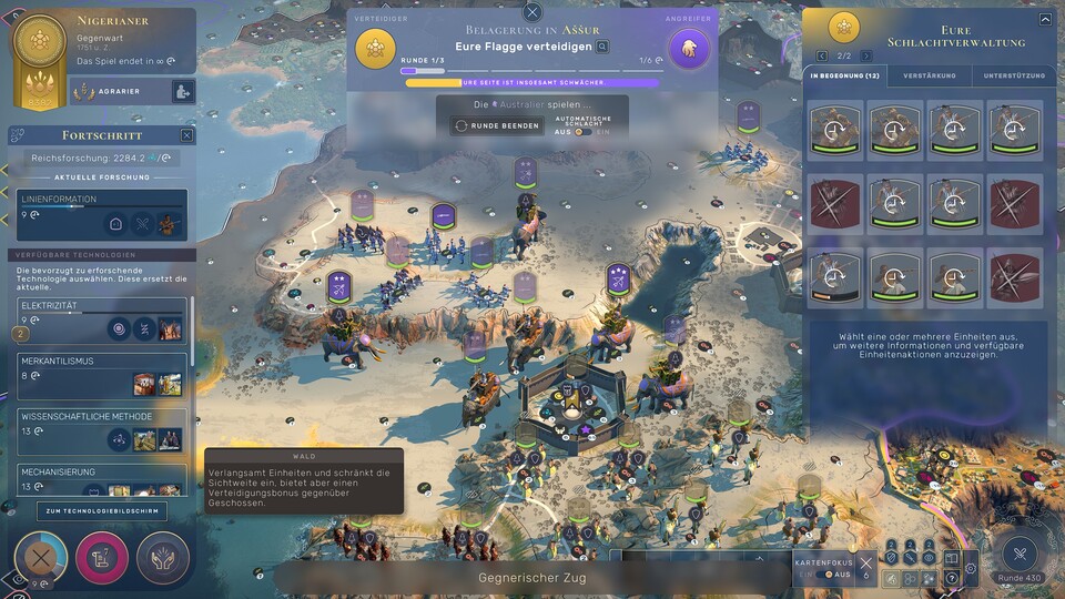 Die Rundenberechnung bei Kämpfen dauert im Lategame von Humankind manchmal sehr lange. Und teilweise seht ihr nicht einmal, warum. In diesem Kampf laufen so viele Einheiten des Gegners oben im Kriegsnebel für uns unsichtbar hin und her, dass wir uns gefragt haben, ob das Spiel hängen geblieben ist