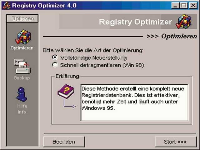 Mit dem Registry-Optimizer (auf Bonus-CD enthalten) können Sie Ihre Systemdateien einfach optimieren und schlank halten.