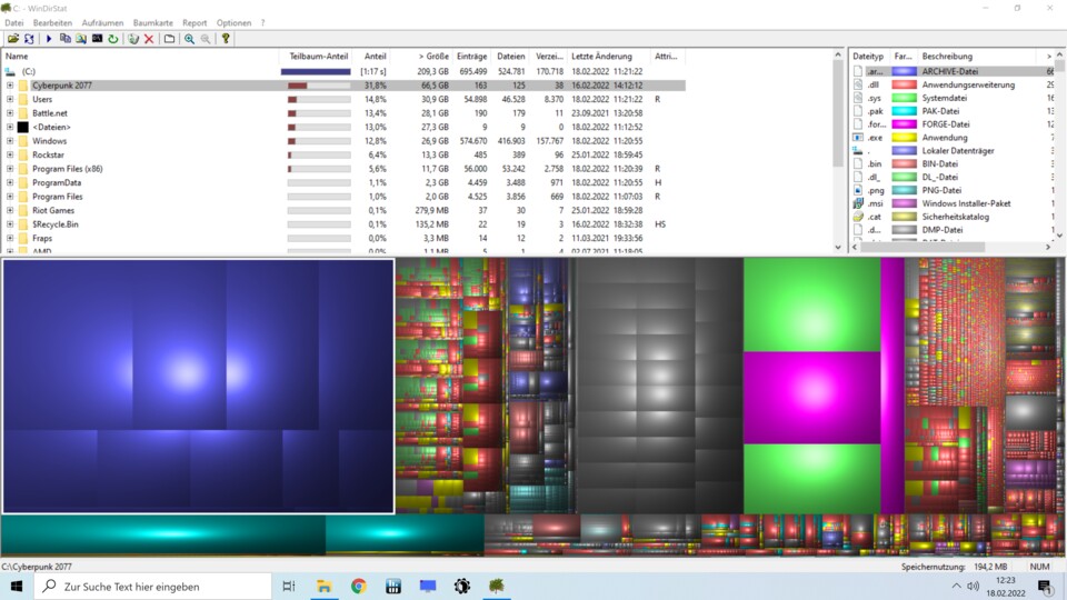 WinDirStat zeigt den größten Speicherfresser an: In diesem Fall ist es Cyberpunk 2077, zusammengefasst an dem großen, lila-blauen Block in der grafischen Darstellung unten links zu erkennen.